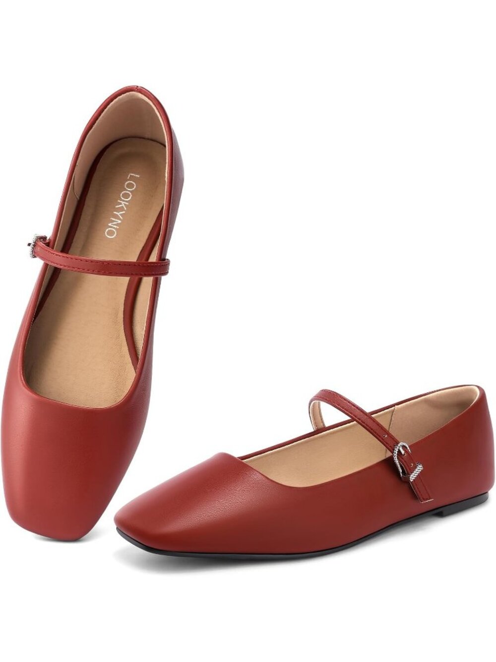 Women's Red Closed Toe Adjustable Buckle Strap Square Toe Ballet Flats Shoes